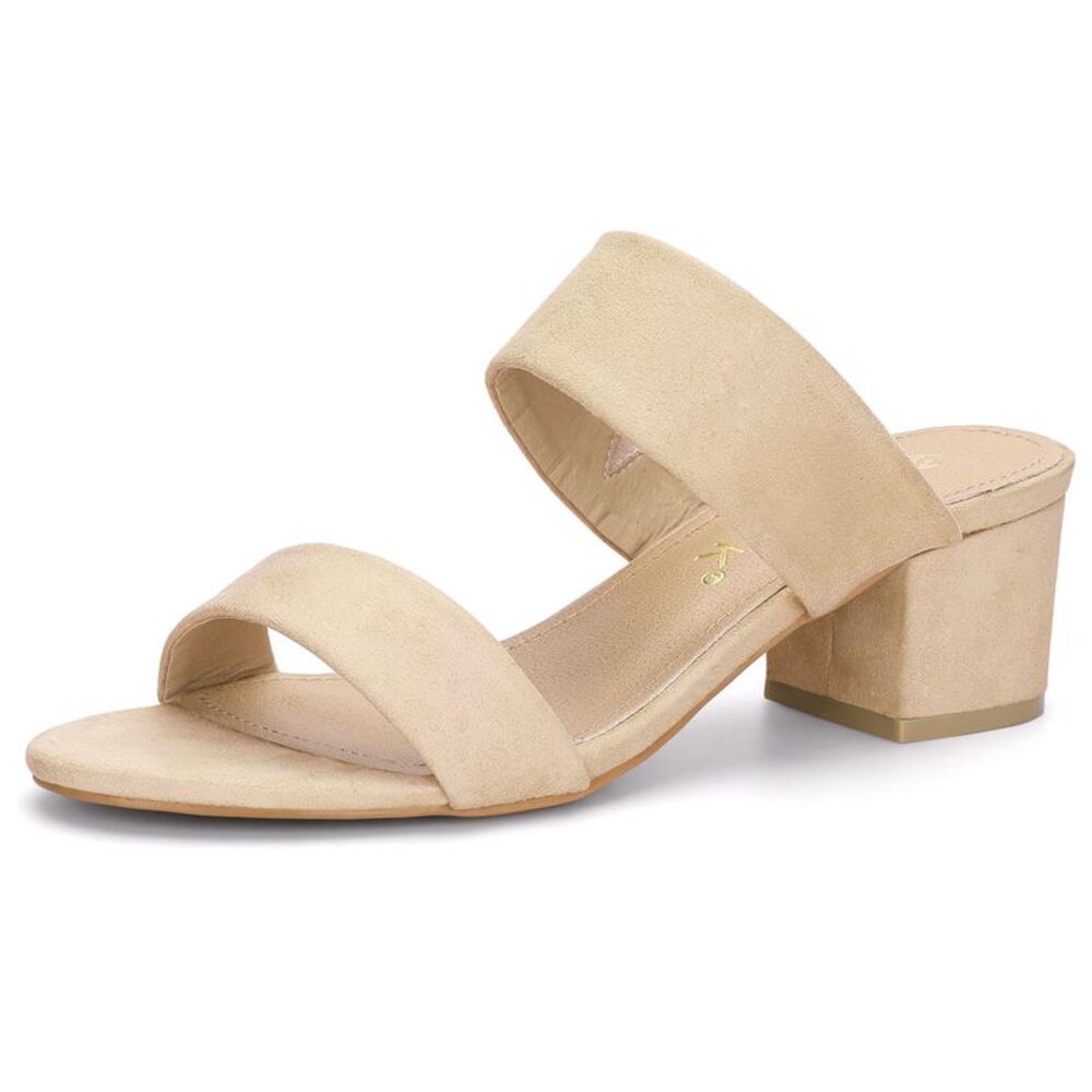 Women's Open Toe Mid Chunky Heel Dual Straps Beige Slide Sandals - Picture 1 of 6